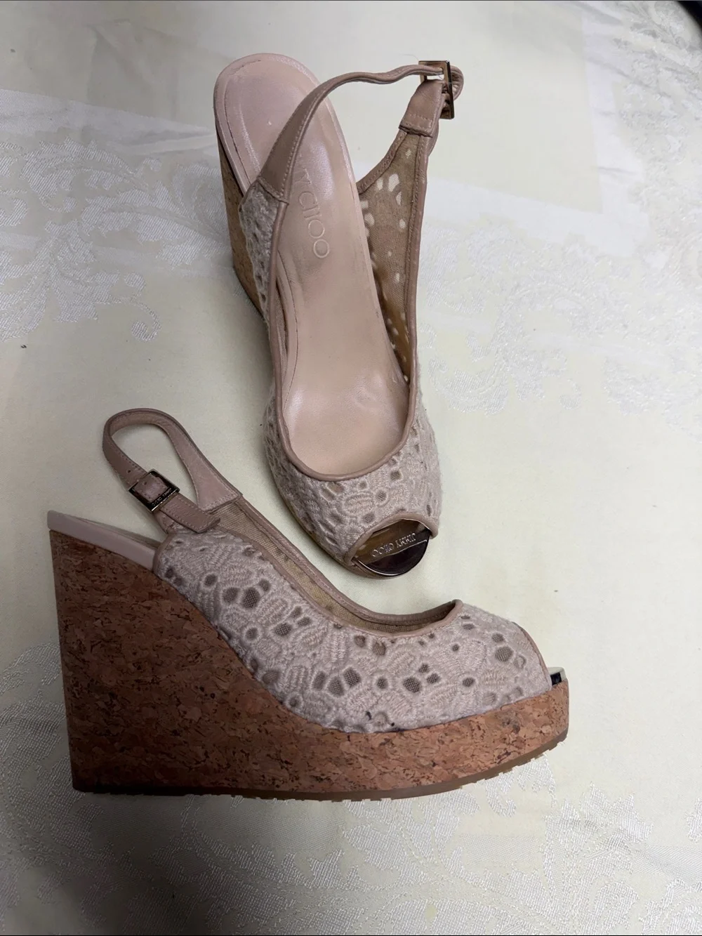 Jimmy Choo Blush Lace Slingback Cork Wedges - Picture 1 of 3